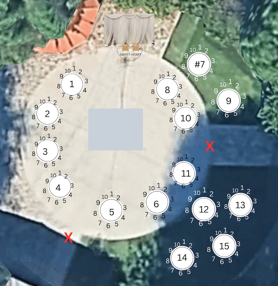 Overhead floor plan of the reception, with numbered tables around the dance floor and the sweetheart table at the top.